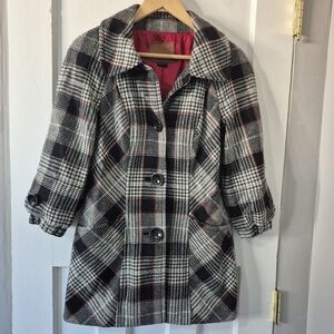 Vintage Guess Wool Blend Lined Button Up Coat Plaid Black Red Sz Xs